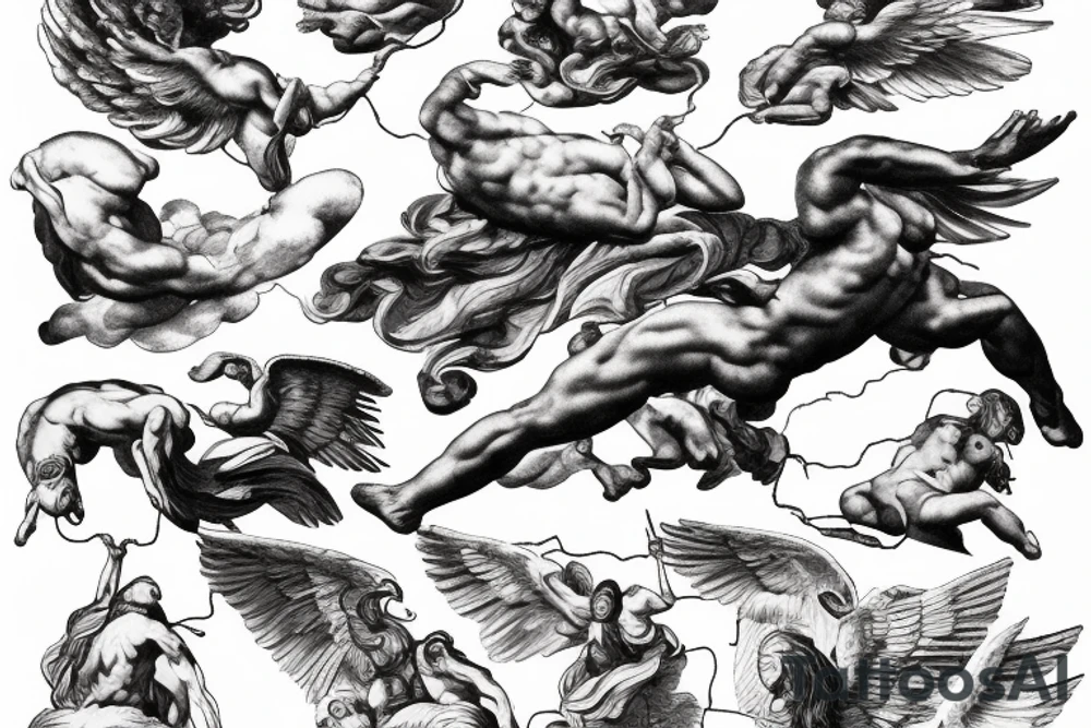 lightning, icarus, creative, success, Michelangelo style, courage, fight, power, hard black lines, maximalist, clouds, HD tattoo idea