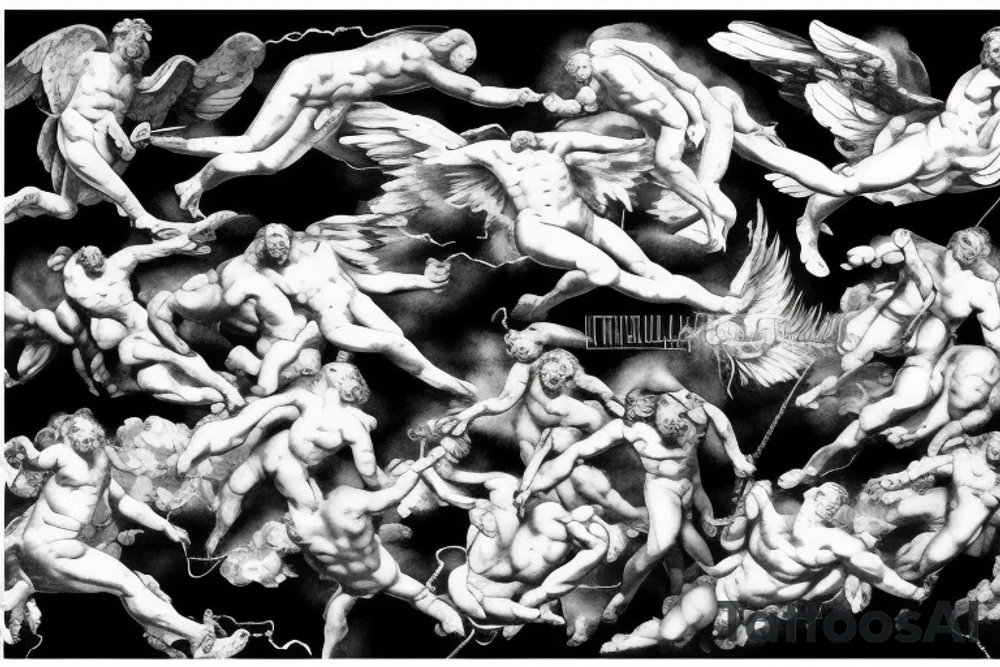 lightning, icarus, creative, success, Michelangelo style, courage, fight, power, hard black lines, maximalist, clouds, HD tattoo idea