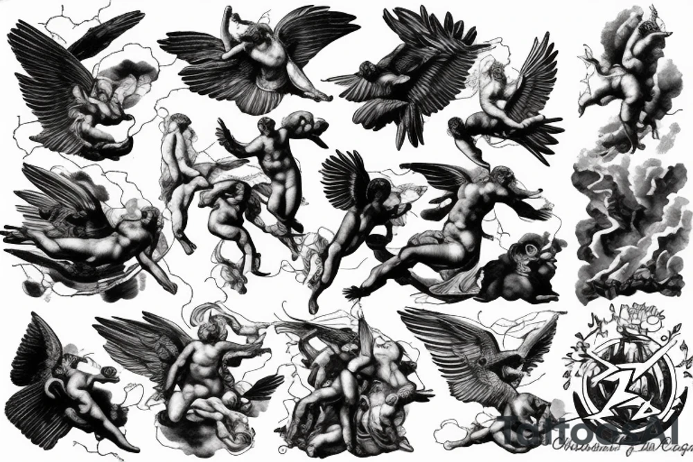 lightning, icarus, creative, success, Michelangelo style, courage, fight, power, hard black lines, maximalist, clouds, HD tattoo idea