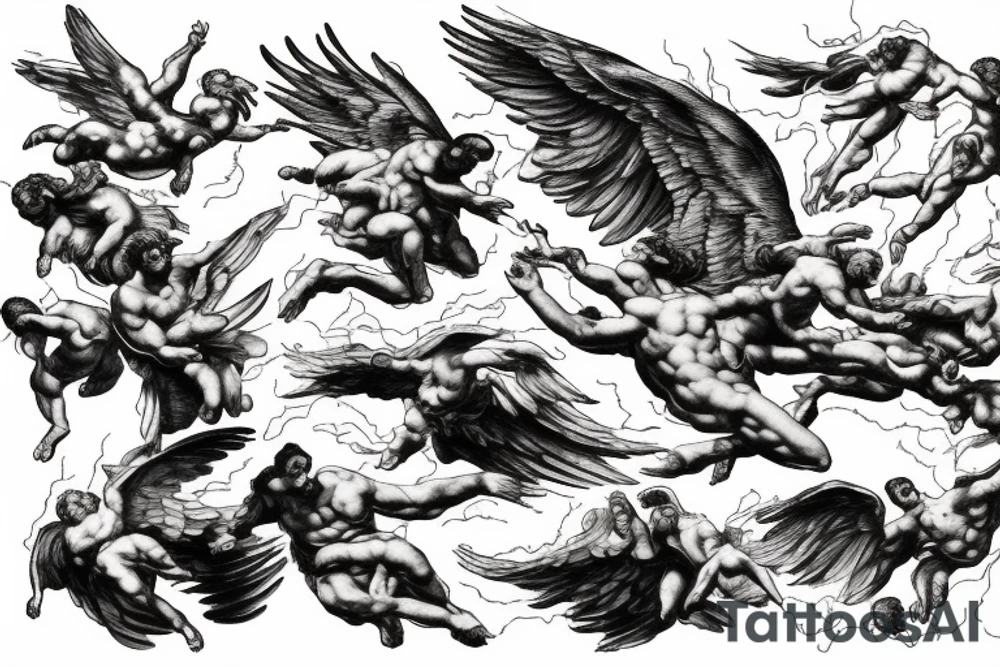 lightning, icarus, creative, success, Michelangelo style, courage, fight, power, hard black lines, maximalist, clouds, HD tattoo idea