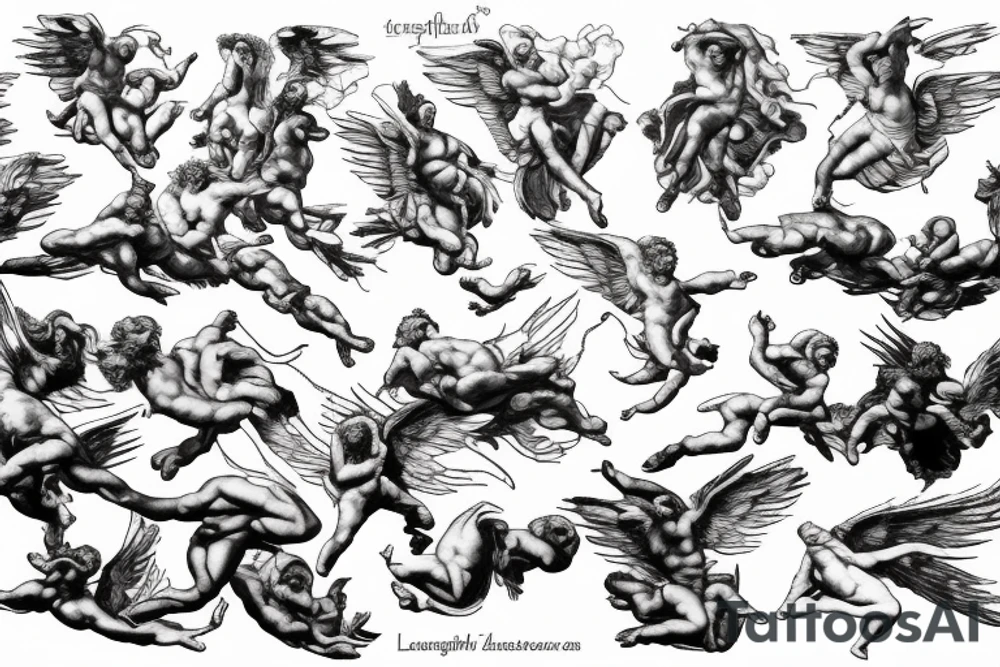 lightning, icarus, creative, success, Michelangelo style, courage, fight, power, hard black lines, maximalist, clouds, HD tattoo idea
