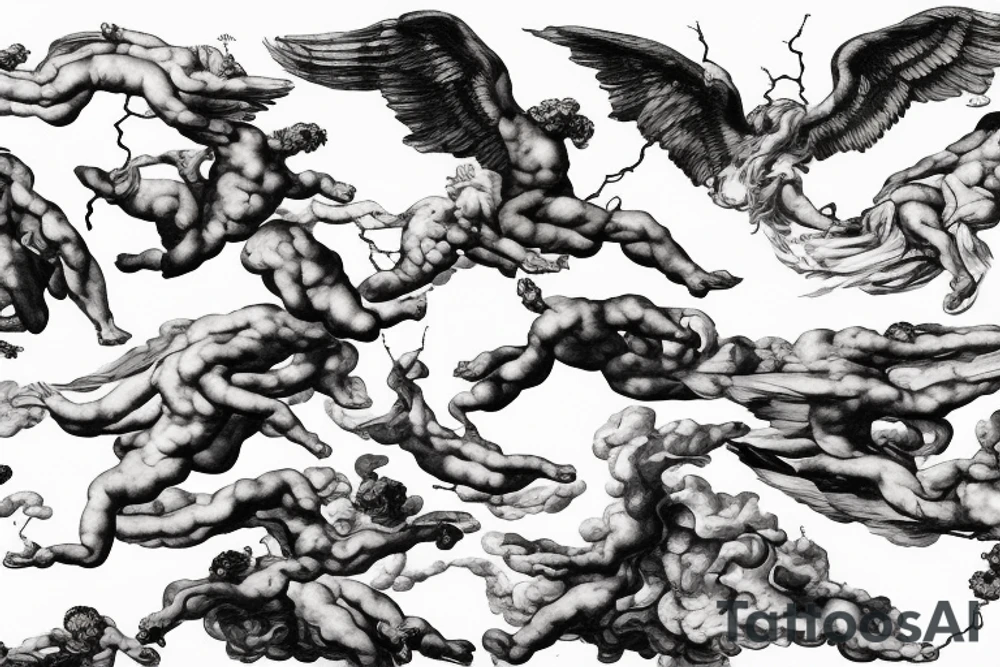 lightning, icarus, creative, success, Michelangelo style, courage, fight, power, hard black lines, maximalist, clouds, HD tattoo idea
