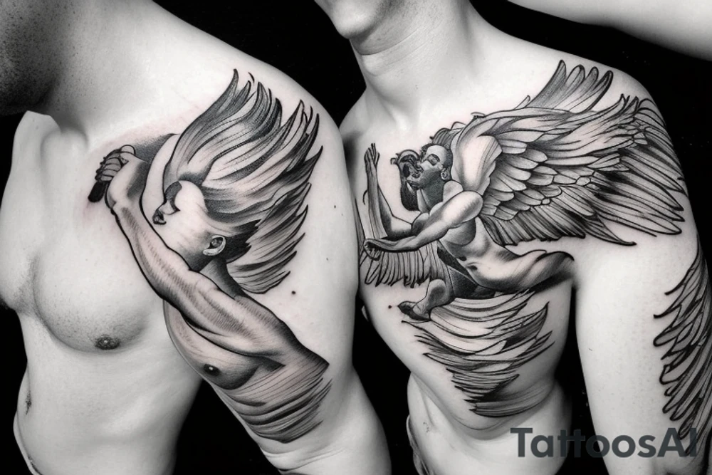 lightning, icarus, creative, success, Michelangelo style, courage, fight, power, hard black lines, maximalist, clouds, HD tattoo idea