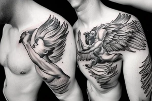 lightning, icarus, creative, success, Michelangelo style, courage, fight, power, hard black lines, maximalist, clouds, HD tattoo idea