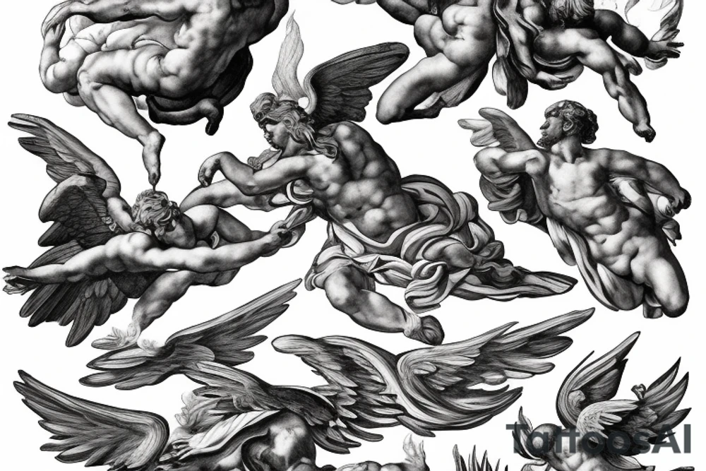 one lightning, icarus, creative, success, Michelangelo style, courage, fight, power, hard black lines, maximalist, clouds, HD tattoo idea