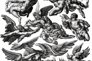 one lightning, icarus, creative, success, Michelangelo style, courage, fight, power, hard black lines, maximalist, clouds, HD tattoo idea