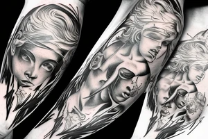 one lightning, icarus, creative, success, Michelangelo style, courage, fight, power, hard black lines, maximalist, clouds, HD tattoo idea