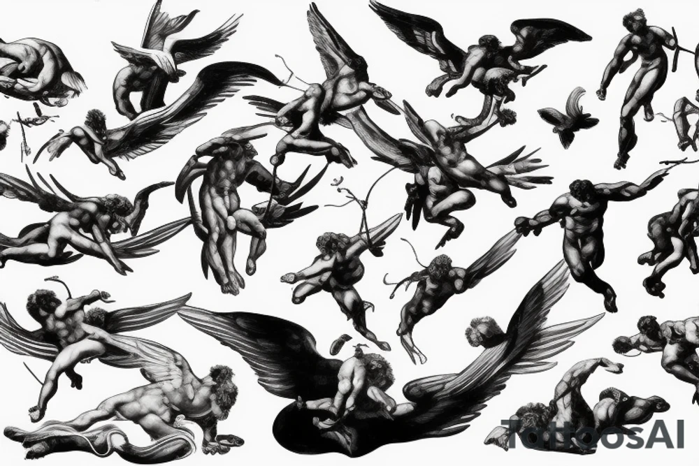 one lightning, icarus, creative, success, Michelangelo style, courage, fight, power, hard black lines, maximalist, HD, lightning, strike tattoo idea