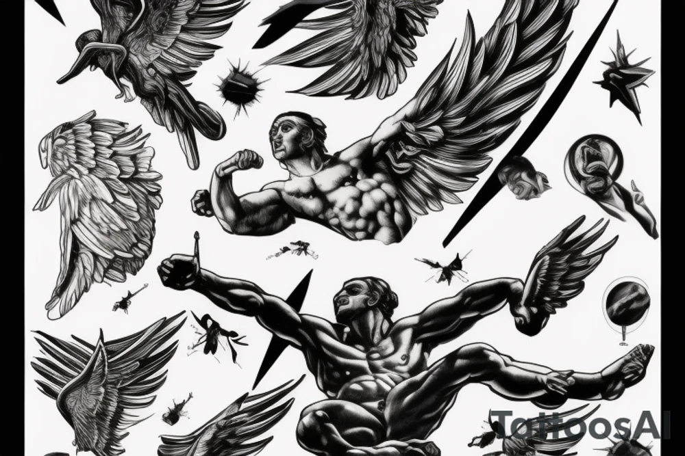 one lightning, icarus, creative, success, Michelangelo style, courage, fight, power, hard black lines, maximalist, HD, lightning, strike tattoo idea