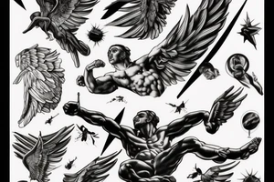 one lightning, icarus, creative, success, Michelangelo style, courage, fight, power, hard black lines, maximalist, HD, lightning, strike tattoo idea