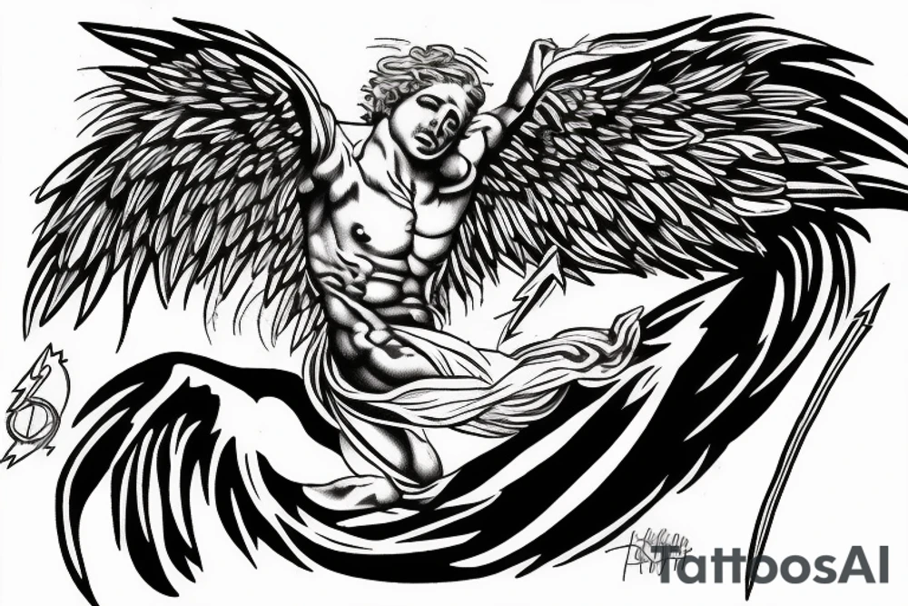 one lightning, icarus, creative, success, Michelangelo style, courage, fight, power, hard black lines, maximalist, HD, lightning, strike tattoo idea
