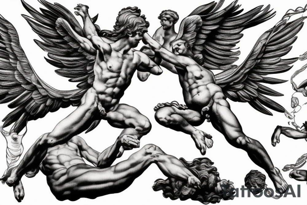 one lightning, icarus, creative, success, Michelangelo style, courage, fight, power, hard black lines, maximalist, HD, lightning, strike tattoo idea