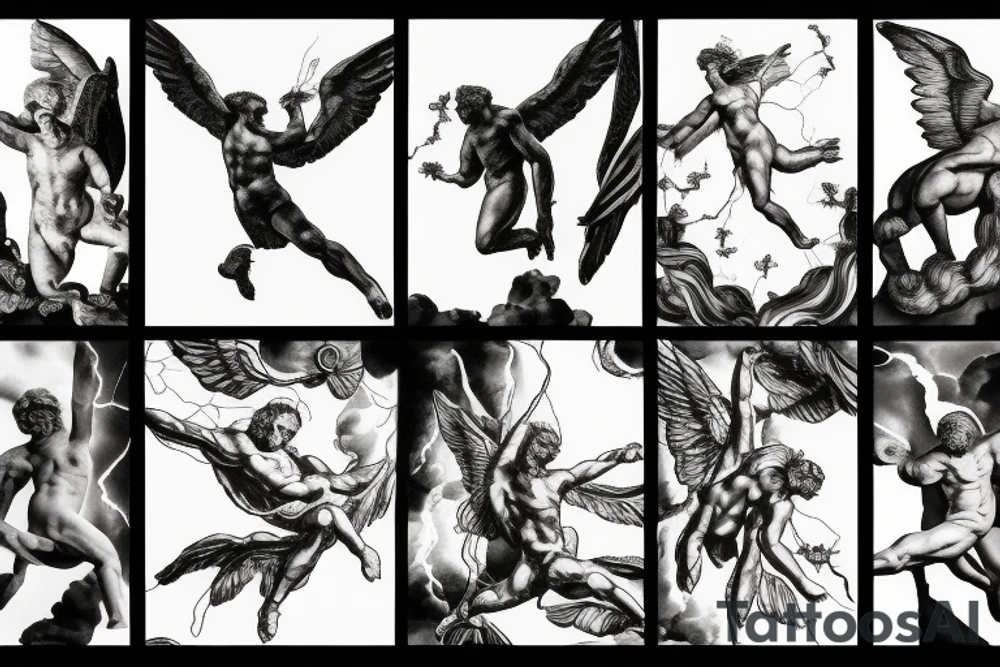 one lightning, icarus, creative, success, Michelangelo style, courage, fight, power, hard black lines, maximalist, HD, lightning, strike tattoo idea