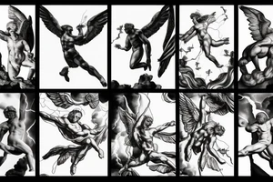 one lightning, icarus, creative, success, Michelangelo style, courage, fight, power, hard black lines, maximalist, HD, lightning, strike tattoo idea