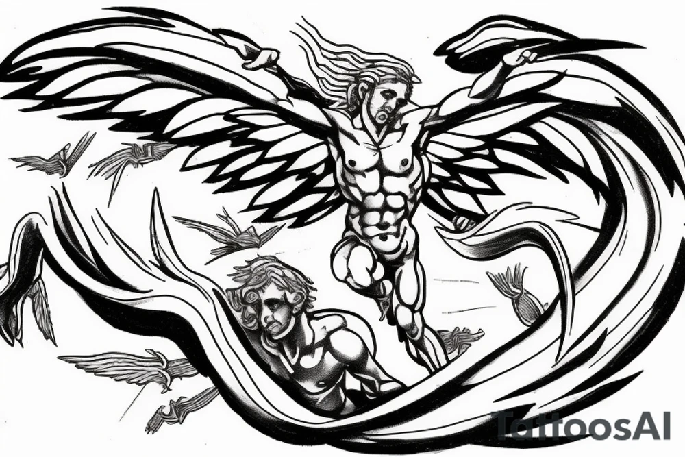 one lightning, icarus, creative, success, Michelangelo style, courage, fight, power, hard black lines, maximalist, HD, lightning, strike tattoo idea