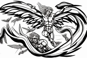 one lightning, icarus, creative, success, Michelangelo style, courage, fight, power, hard black lines, maximalist, HD, lightning, strike tattoo idea
