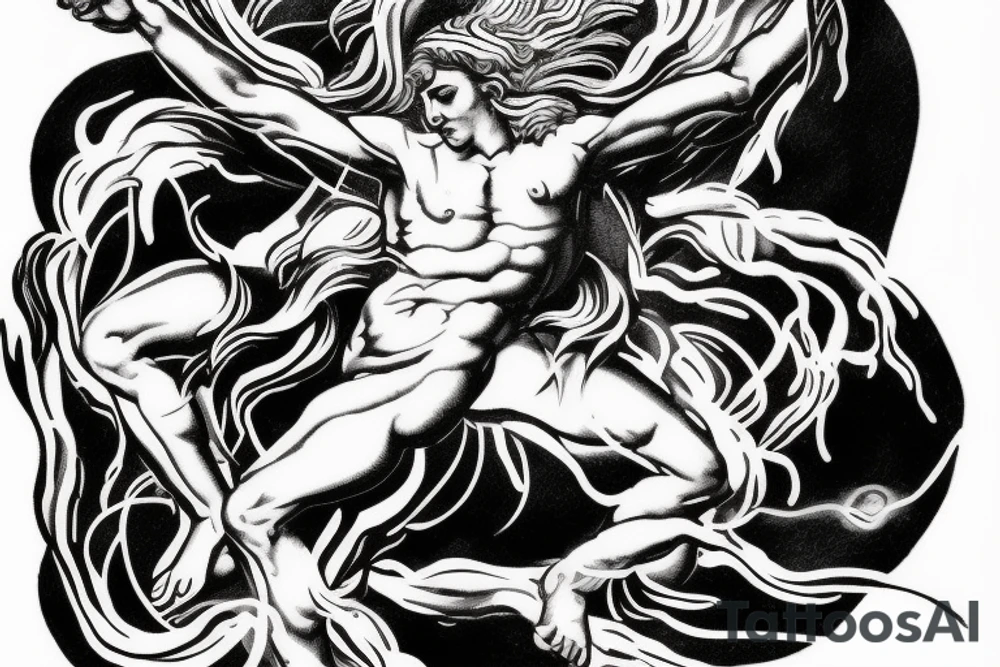 one lightning, icarus, creative, success, Michelangelo style, courage, fight, power, hard black lines, maximalist, HD, lightning, strike tattoo idea