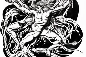 one lightning, icarus, creative, success, Michelangelo style, courage, fight, power, hard black lines, maximalist, HD, lightning, strike tattoo idea