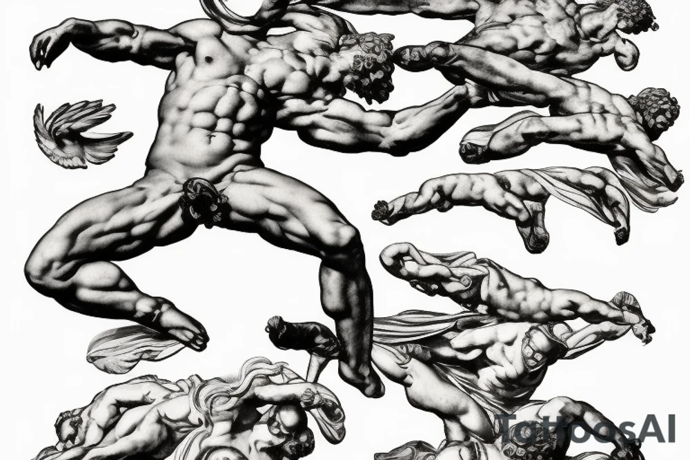 one lightning, icarus, falling, success, Michelangelo style, courage, fight, power, hard black lines, maximalist, HD, lightning, strike tattoo idea