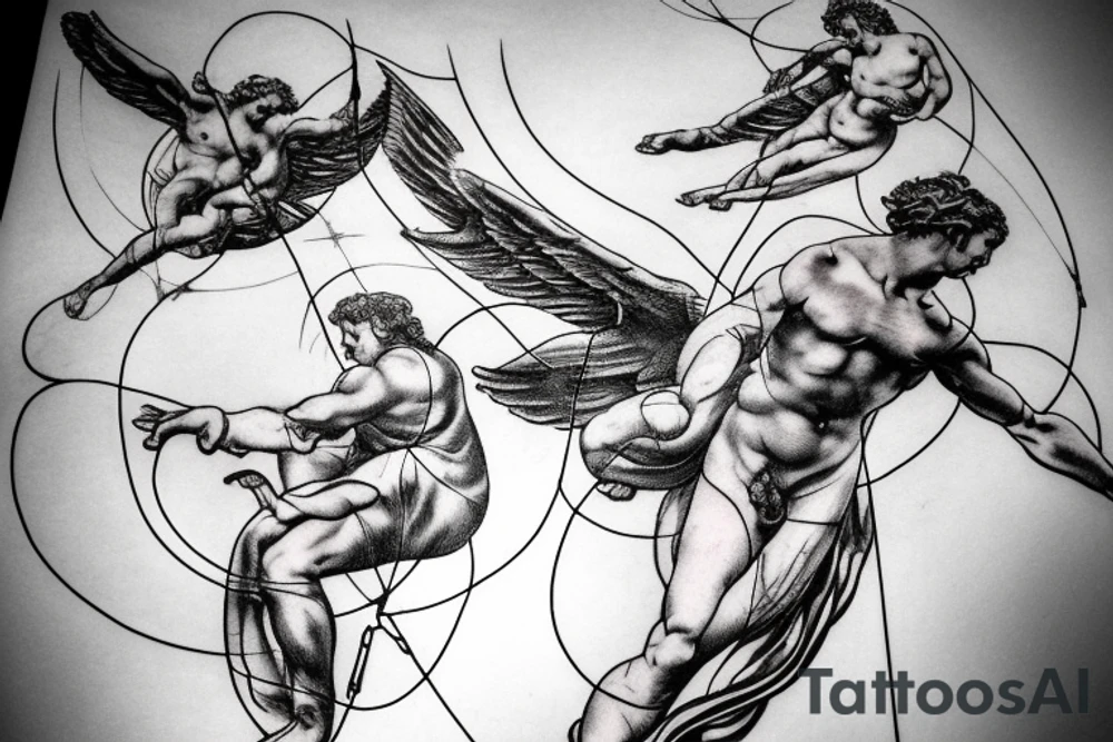 one lightning, icarus, falling, success, Michelangelo style, courage, fight, power, hard black lines, maximalist, HD, lightning, strike tattoo idea