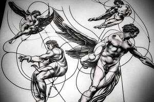 one lightning, icarus, falling, success, Michelangelo style, courage, fight, power, hard black lines, maximalist, HD, lightning, strike tattoo idea