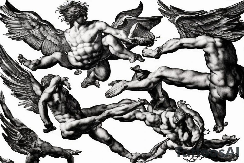 one lightning, icarus, falling, success, Michelangelo style, courage, fight, power, sharp black lines, maximalist, HD, lightning, strike tattoo idea