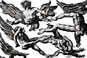 one lightning, icarus, falling, success, Michelangelo style, courage, fight, power, sharp black lines, maximalist, HD, lightning, strike tattoo idea