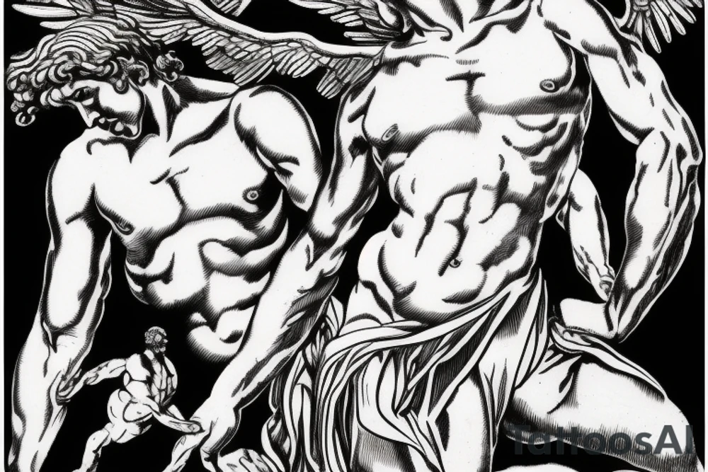 one lightning, icarus, falling, success, Michelangelo style, courage, fight, power, sharp black lines, maximalist, HD, lightning, strike tattoo idea