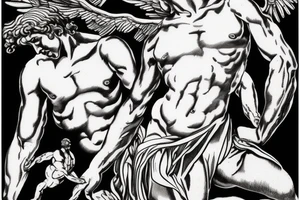 one lightning, icarus, falling, success, Michelangelo style, courage, fight, power, sharp black lines, maximalist, HD, lightning, strike tattoo idea