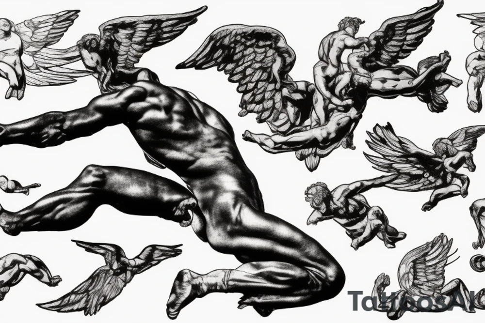 one lightning, icarus, falling, success, Michelangelo style, courage, fight, power, sharp black lines, maximalist, HD, lightning, strike tattoo idea