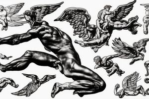 one lightning, icarus, falling, success, Michelangelo style, courage, fight, power, sharp black lines, maximalist, HD, lightning, strike tattoo idea