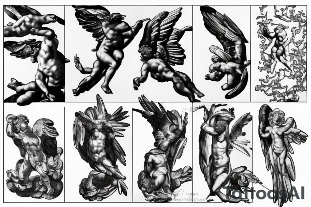 one lightning, icarus, falling, success, Michelangelo style, courage, fight, power, sharp black lines, maximalist, HD, lightning, strike tattoo idea