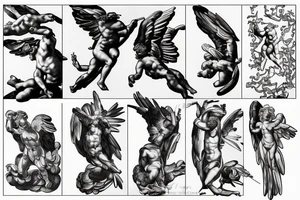 one lightning, icarus, falling, success, Michelangelo style, courage, fight, power, sharp black lines, maximalist, HD, lightning, strike tattoo idea