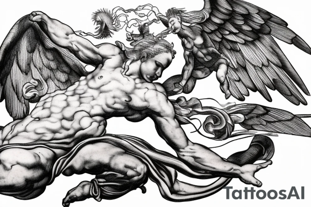 one lightning, falling icarus, phoenix, war, sword,, success, Michelangelo style, courage, fight, power, sharp black lines, maximalist, HD, lightning, strike tattoo idea