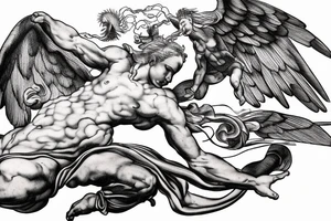 one lightning, falling icarus, phoenix, war, sword,, success, Michelangelo style, courage, fight, power, sharp black lines, maximalist, HD, lightning, strike tattoo idea