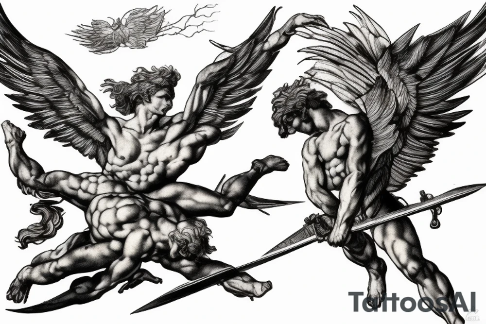 one lightning, falling icarus, phoenix, war, sword,, success, Michelangelo style, courage, fight, power, sharp black lines, maximalist, HD, lightning, strike tattoo idea