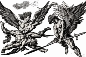 one lightning, falling icarus, phoenix, war, sword,, success, Michelangelo style, courage, fight, power, sharp black lines, maximalist, HD, lightning, strike tattoo idea