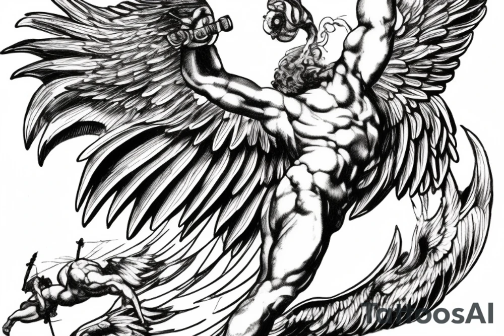 one lightning, falling icarus, phoenix, war, sword,, success, Michelangelo style, courage, fight, power, sharp black lines, maximalist, HD, lightning, strike tattoo idea