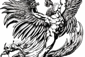 one lightning, falling icarus, phoenix, war, sword,, success, Michelangelo style, courage, fight, power, sharp black lines, maximalist, HD, lightning, strike tattoo idea