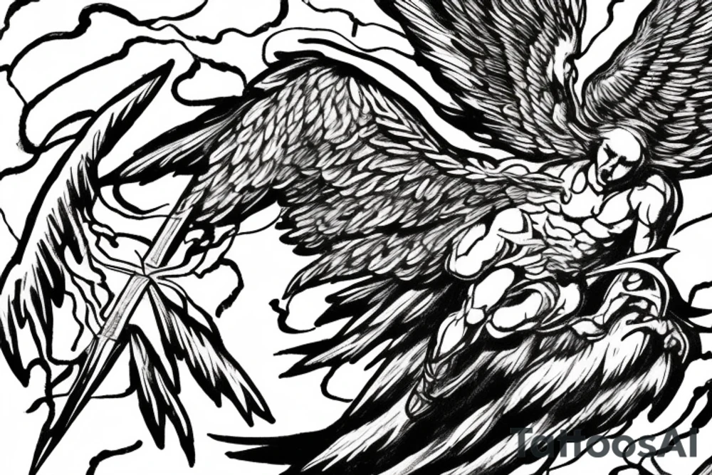 one lightning, falling icarus, phoenix, war, sword,, success, Michelangelo style, courage, fight, power, sharp black lines, maximalist, HD, lightning, strike tattoo idea