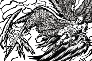 one lightning, falling icarus, phoenix, war, sword,, success, Michelangelo style, courage, fight, power, sharp black lines, maximalist, HD, lightning, strike tattoo idea