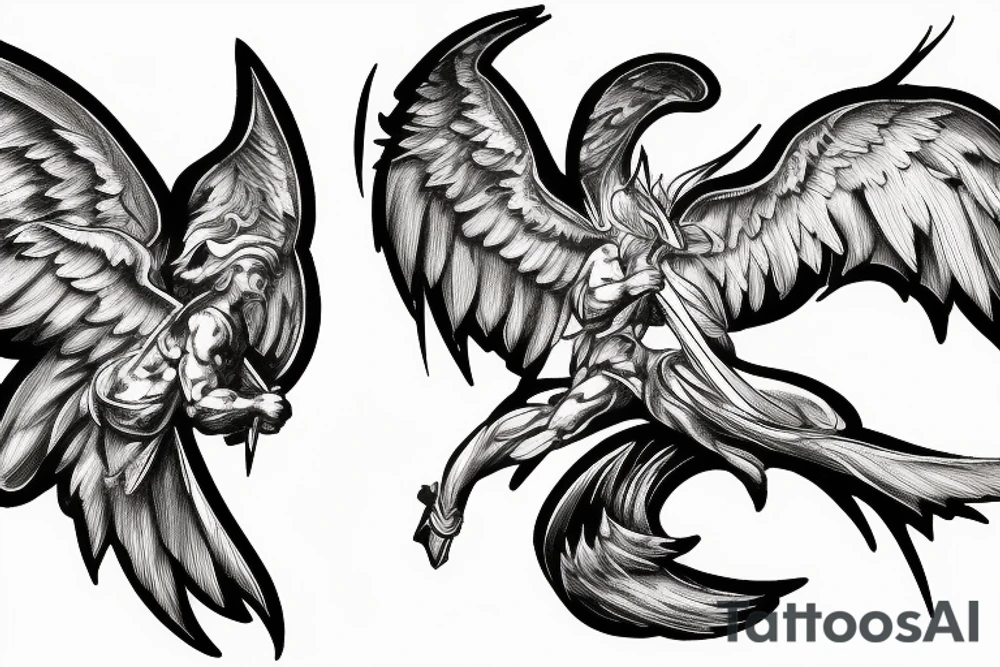 one lightning, falling icarus, phoenix, war, sword,, success, Michelangelo style, courage, fight, power, sharp black lines, maximalist, HD, lightning, strike tattoo idea