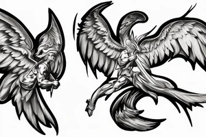 one lightning, falling icarus, phoenix, war, sword,, success, Michelangelo style, courage, fight, power, sharp black lines, maximalist, HD, lightning, strike tattoo idea