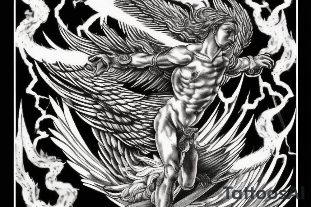 one lightning, falling icarus, phoenix, war, sword,, success, Michelangelo style, courage, fight, power, sharp black lines, maximalist, HD, lightning, strike tattoo idea