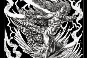 one lightning, falling icarus, phoenix, war, sword,, success, Michelangelo style, courage, fight, power, sharp black lines, maximalist, HD, lightning, strike tattoo idea