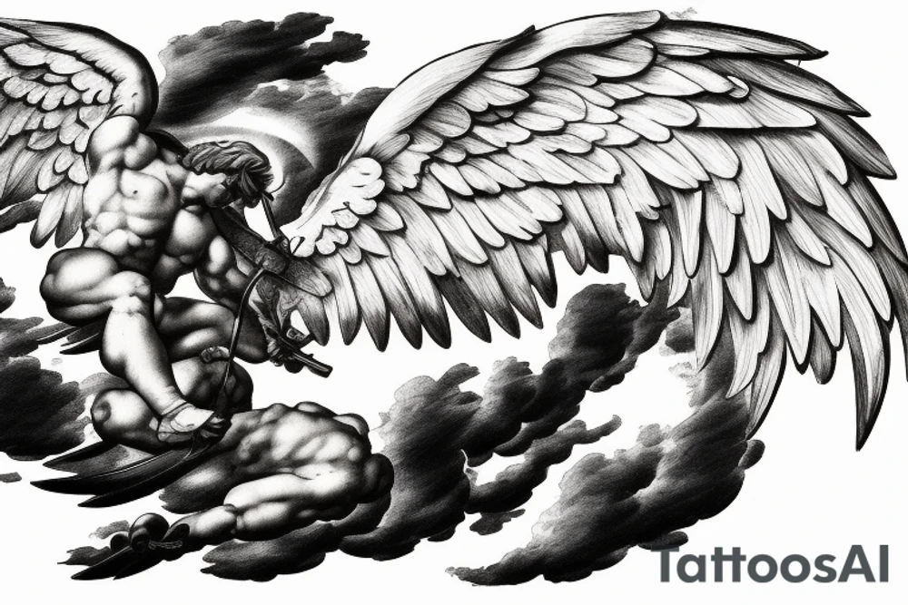 one lightning, falling icarus, phoenix, war, sword,, success, Michelangelo style, courage, fight, power, sharp black lines, maximalist, HD, lightning, strike tattoo idea