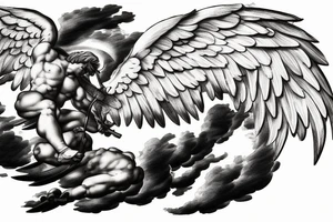 one lightning, falling icarus, phoenix, war, sword,, success, Michelangelo style, courage, fight, power, sharp black lines, maximalist, HD, lightning, strike tattoo idea
