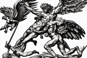 one lightning, falling icarus, phoenix, war, sword,, success, Michelangelo style, courage, fight, power, sharp black lines, maximalist, HD, lightning, strike tattoo idea