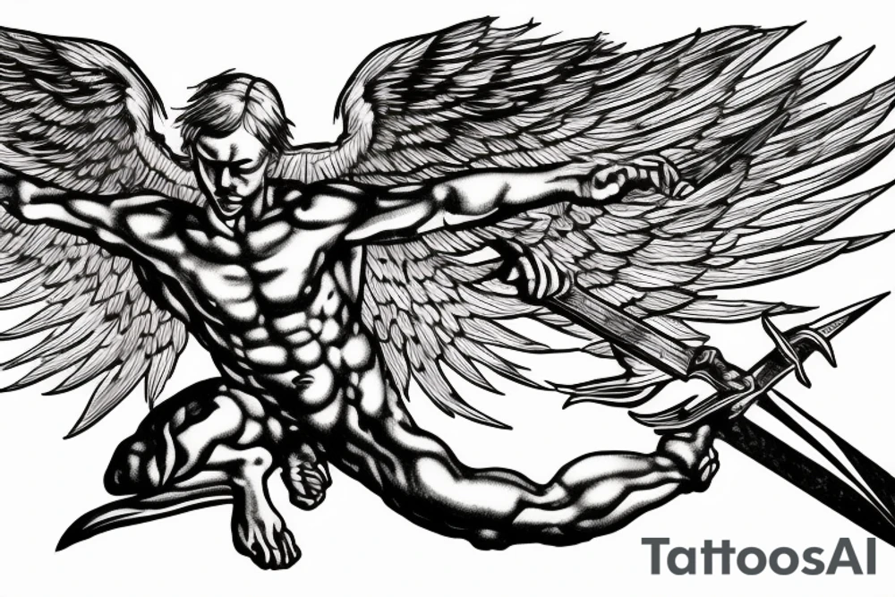 one lightning, falling icarus, phoenix, war, sword,, success, Michelangelo style, courage, fight, power, sharp black lines, maximalist, HD, lightning, strike tattoo idea