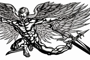 one lightning, falling icarus, phoenix, war, sword,, success, Michelangelo style, courage, fight, power, sharp black lines, maximalist, HD, lightning, strike tattoo idea